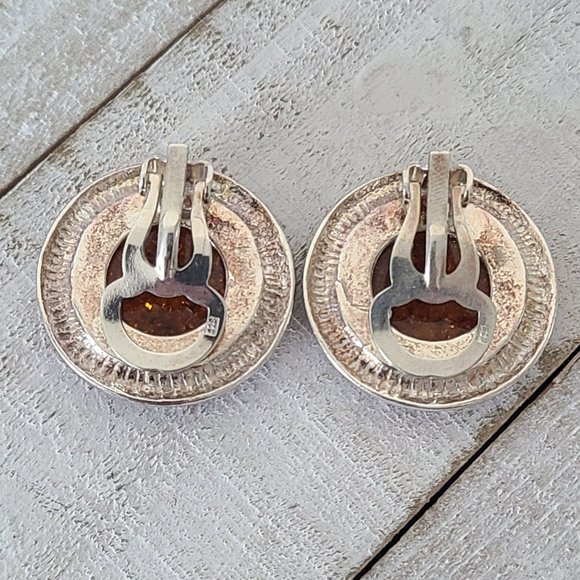 Vintage Sterling Silver Cognac Amber Earrings Circle Clip On - Picture 6 of 12
